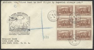 1939 Imperial Air Flight, Registered, Montreal to England, #243 20c Block of 6