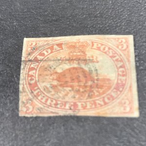 CANADA # 4--USED----SINGLE---RED---IMPERF AS ISSUED--1852-57