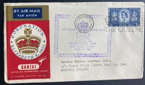 1953 London England first day Cover To Norfolk Island Queen Elizabeth Coronation