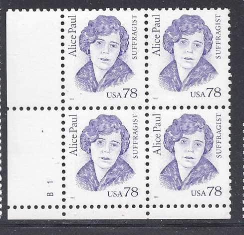 Catalog # 2943 Alice Paul Sufferagist Plate Block of 4 78 Cent Stamps