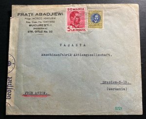 1940 Bucharest Romania Commercial Censored Airmail cover to Dresden Germany