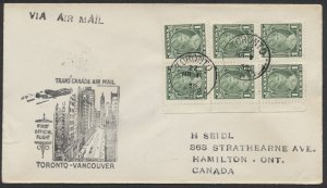 1939 Toronto to Vancouver Flight Cover MAR 1-2 #211 Block of 6 #3903t