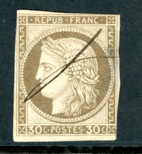 France 1871 Colony General Issues Bordeaux 30¢ Brown Imperf Sc #13 VFU L105