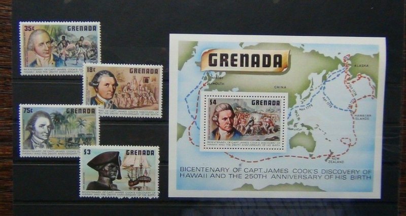 Grenada 1978 Captain Cook Discovery of Hawaii set & Miniature Sheet MNH 