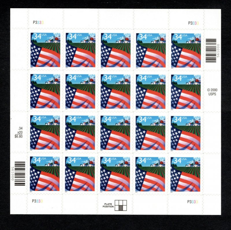 3470 Flag over Farm pane of 20 MNH Cat. $ 34.00 6X6