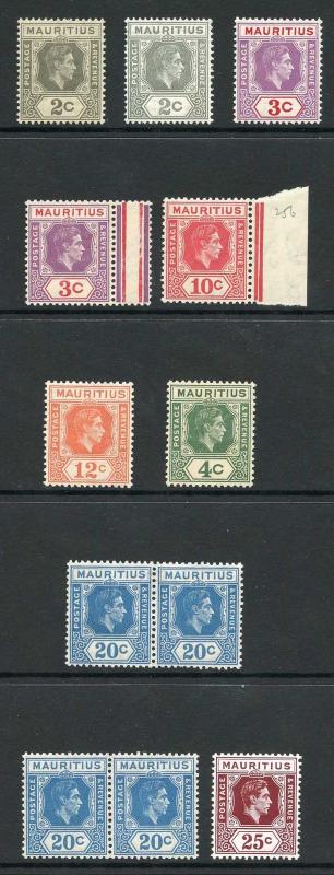 Mauritius KGVI SG252/258 Mixed Set Wmk Mult CA U/M