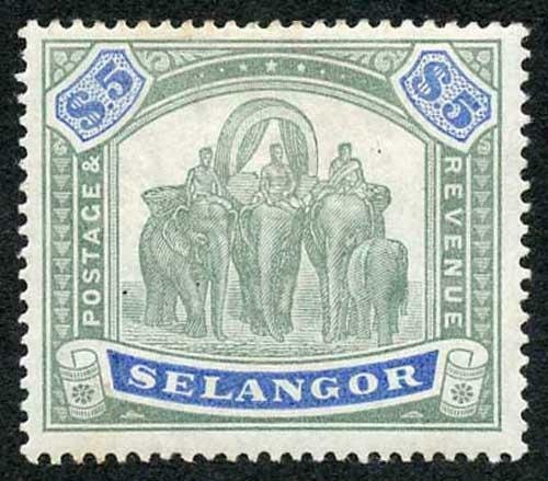 Selangor SG64 1895 Five Dollar Green and Blue M/Mint (hinge remainders)