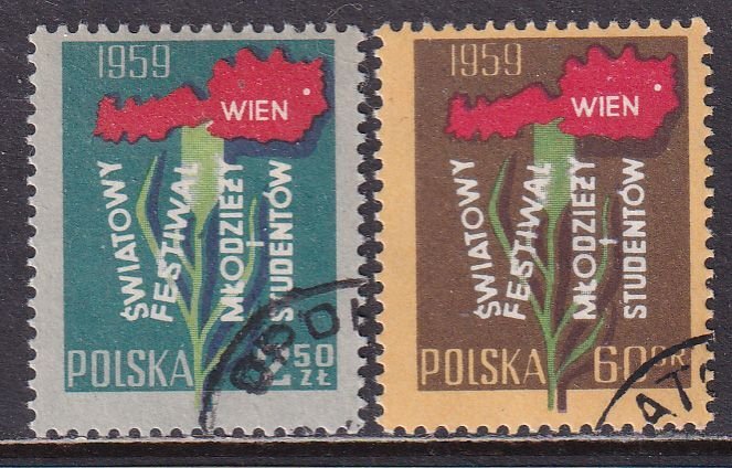 Poland 1959 Sc 861-2 World Youth Festival Vienna Austria Map Flower Stamp CTO