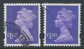 Great Britain SG Y1743 SC# MH279 Machin £1 Used x2  Bluish Violet see phosph...