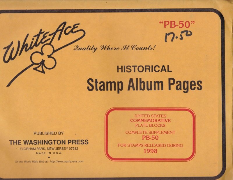 KAPPYSstamps WHITE ACE PLATE BLOCK PAGES SUPPLEMENT PB-50 FOR 1998 #25