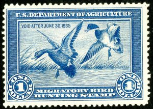 US Stamps # RW1 Duck Unused VF w/o gum. Fresh color Scott Value $175.00