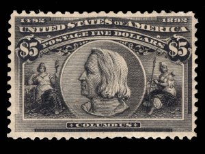 US STAMPS # 245 $5 COLUMBIAN MINT OG H CV. $2,500 LOT #11295