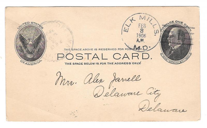 UX18 Elk Mills MD Doane Cancel Type 2/1 1906 Maryland Postmark on Postal Card