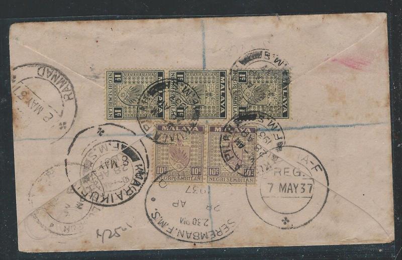 MALAYA NEGRI SEMBILAN  (P0812B) 23C RATE 1937 1CX3+10CX2 REG TO INDIA