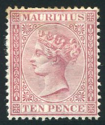 Mauritius #42 (SG 67) Cat£375, 1872 10p claret, heavy hinge remnant (large p...