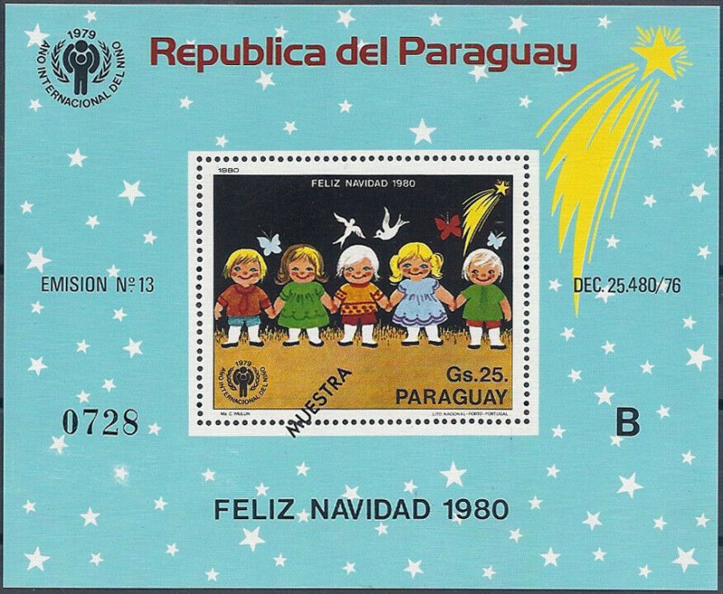 1980 Paraguay Christmas, Butterflies, Souvenirsheet Muestra VF/MNH CAT 25+$