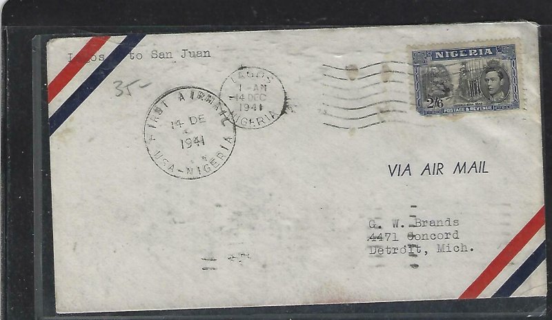 NIGERIA  (P2808BB) 1941  KGVI 2/6 FIRST A/M LAGOS TO SAN JUAN PUERTO RICO, B/S