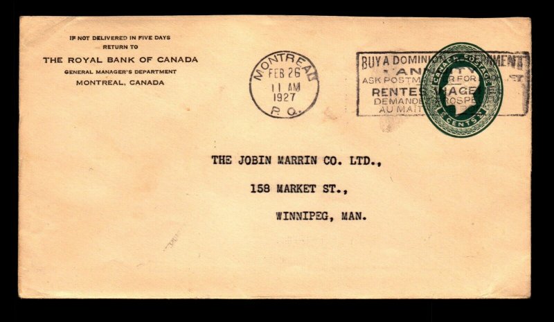 Canada 1927 RBC Montreal Corner Card Cover - L12217