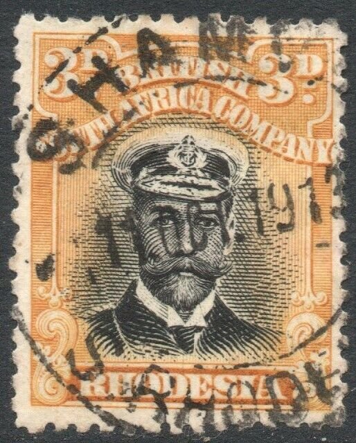 RHODESIA-1913-19 3d Black & Yellow Sg 210 GOOD USED V43824