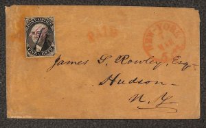 USA 9X1 STAMP RED & BLUE PEN CANCEL NEW YORK WAX SEALED COVER (1845)