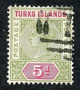 Turks and Caicos SG72 5d Olive-green and carmine Cat 28 pounds