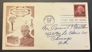 GEORGE EASTMAN #1062 JUN 12 1954 ROCHESTER NY FIRST DAY COVER (FDC) BX4