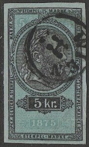 AUSTRIA  1875 5kr  Revenue Stamped Paper, cut-out with Vienna postmark/cancel