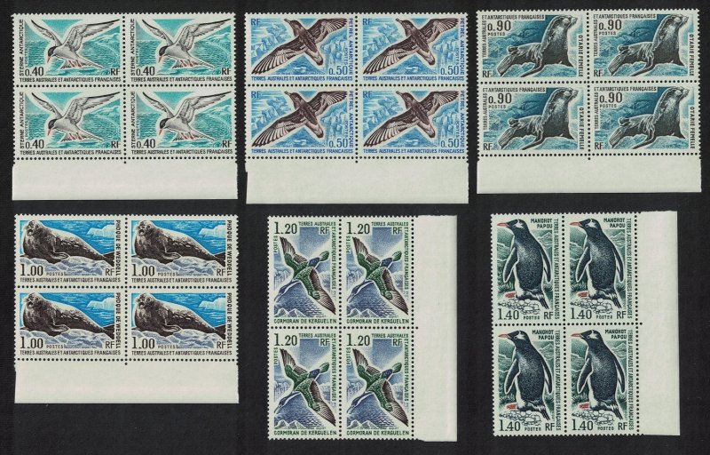 FSAT TAAF Birds Antarctic Fauna Seals 6v Blocks of 4 Margins 1976 MNH