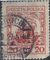 Poland 233 (used, pulled corner) 20g ship of state, dull red (1925)