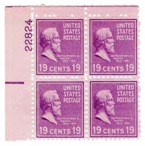 USA 1938 Sc 824 Rutherford B Hayes Plate Block of 4 Mint (#22824) 19c