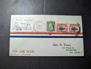 1929 USA Airmail First Flight Cover FFC Detroit MI to Kitchener Ontario Canada