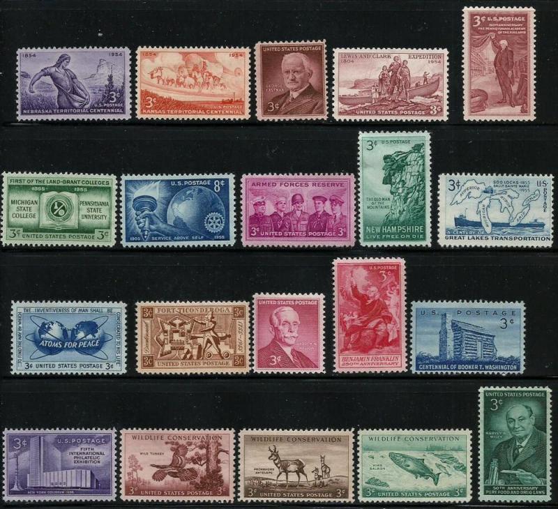 1954 to1956 Commemoratives (20 Stamps) MNH