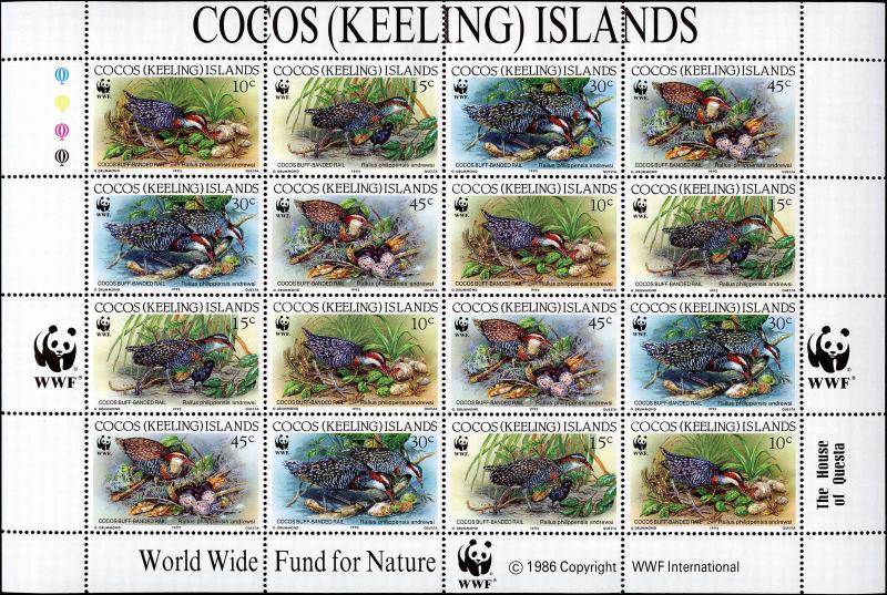 Cocos Islands #262, Complete Set Sheet of 4 Strips of 4, Never Hinged