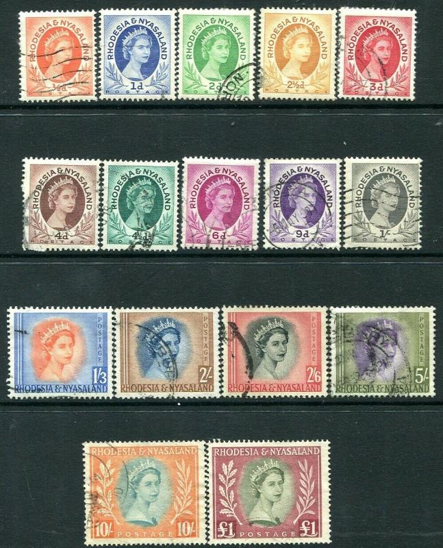 RHODESIA & NYASALAND-1954-56 Set to £1 Sg 1-15 FINE USED V30063