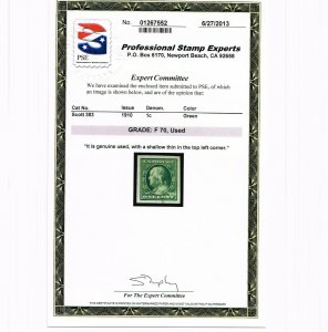 EXCELLENT GENUINE SCOTT #383 USED 1910 BLUE PSE CERT GRADED FINE-70 - WASHINGTON