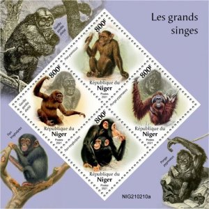 Niger 2021 MNH Wild Animals Stamps Apes Primates Gorillas Chimpanzees 4v M/S