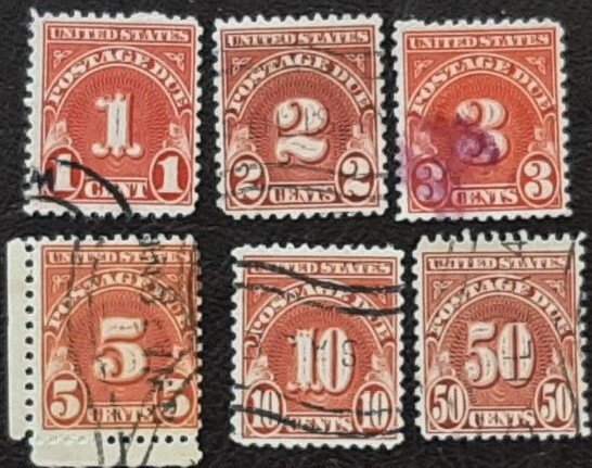 US Scott # J 80-J84.J86; 6 used Postage Due stamps from 1931; F/VF .