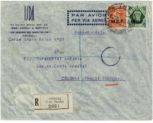 M.E.F. (Libya) 1947 Tripoli cancel on registered, airmail cover to Italy