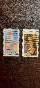 US Scott # 2107-2108; Two used 20c Holiday issue from 1984; VF center; off paper