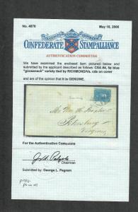 CSA Sc#4 Gooseneck Variety Confederate Stamp On Cover- CERT, Richmond VA