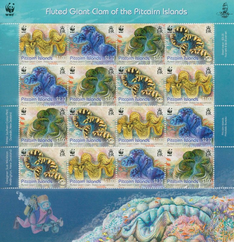 Pitcairn Islands 2012 MNH WWF Stamps Fluted Giant Clam Marine Animals 16v M/S