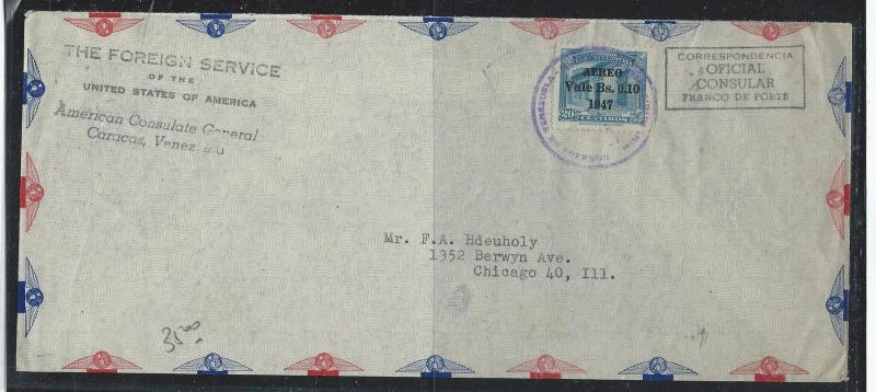 VENEZUELA (P2912B) 1947 .10 BS/20C SURCH COVER A/M FROM AMERICAN CONSUL