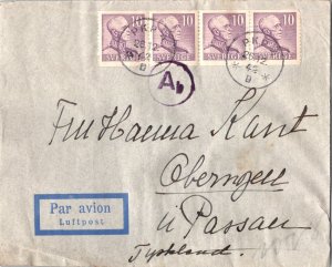 Sweden 10o King Gustavus V Coil Strip of 4 1942 PKP 4 Airmail to Obernzell by...