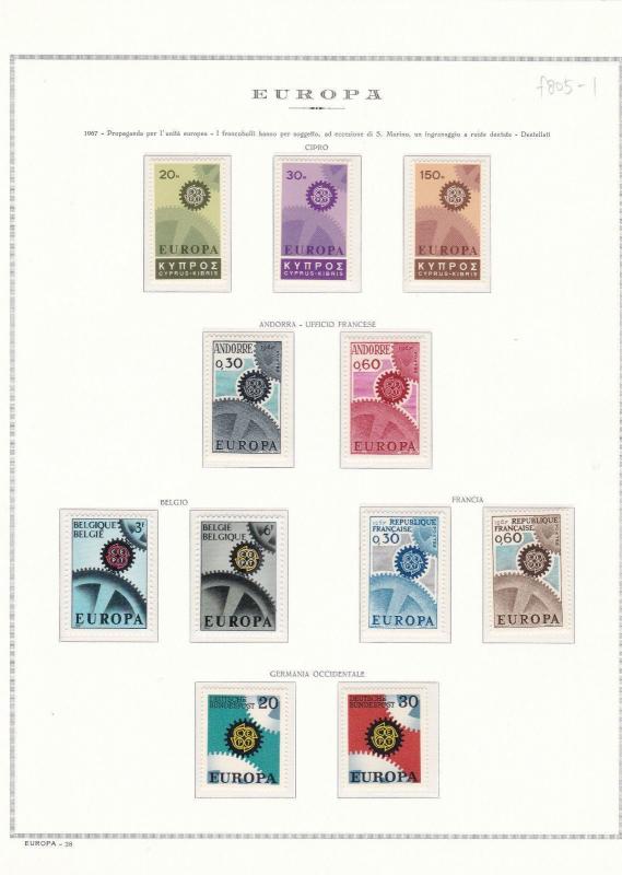 EUROPA STAMPS 1967 FULL  SET. 39 VALUES MNH ON  5  EUROPA PAGES . R 426