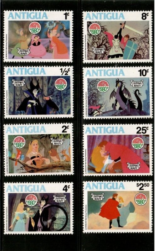 Antigua 1980 - Disney Christmas Seeping Beauty Set of 8 Stamps Scott 592-600 MNH