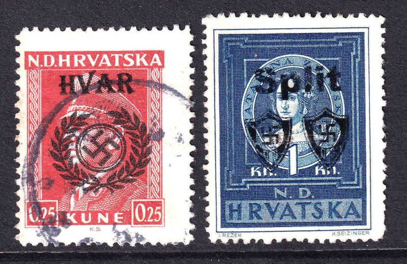 CROATIA WW2 HVAR, SPLIT OVERPRINTS x2 CDS F/VF SOUND