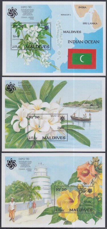 MALDIVE ISLANDS Sc # 1453-5 MNH SET of 3 S/S - FLOWERS