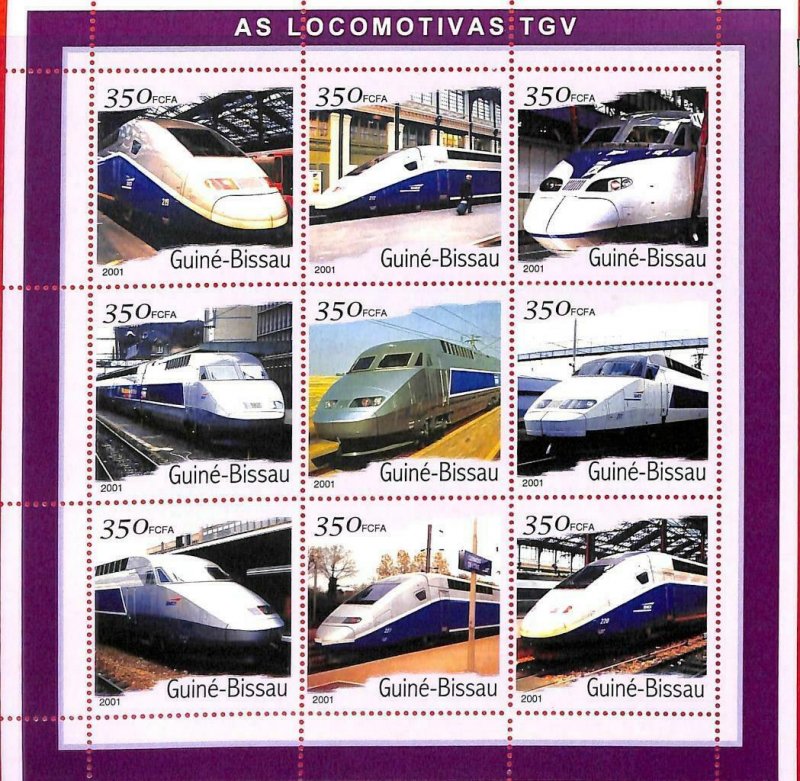 A0875 -  GUINEA-BISSAU - ERROR   MISSPERF SHEET - TRANSPORT TGV Trains 2001