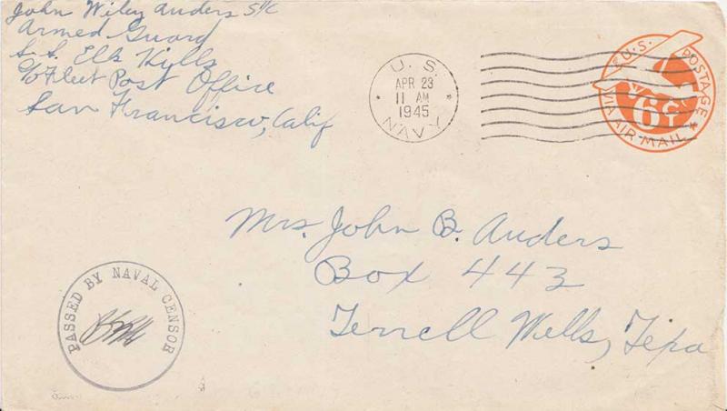 United States Fleet Post Office 6c Monoplane Air Envelope 1945 U.S. Navy, S.S...