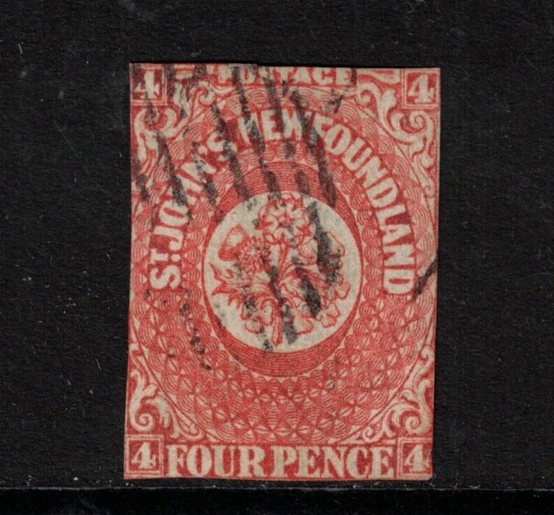 Newfoundland #4 Used Fine Scarlet Vermillion Scarce Stamp **With Certificate**